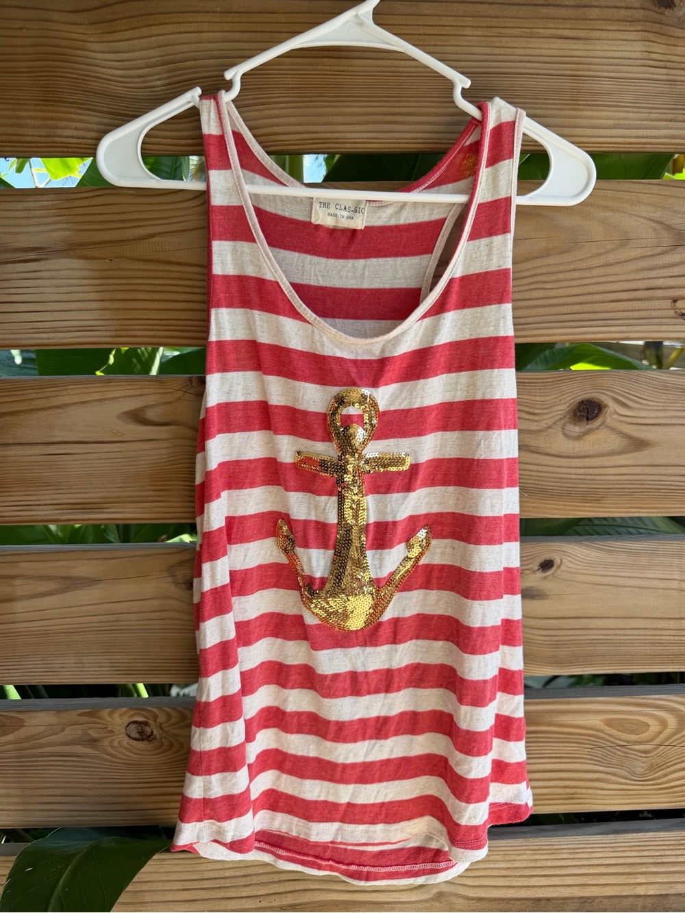 White and red striped with gold anchor tank